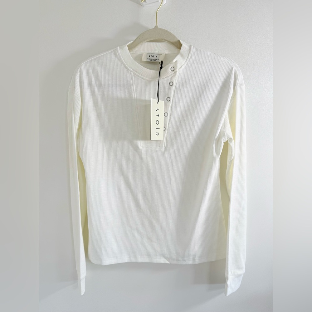 Atoir White Henley Ribbed Knit Top